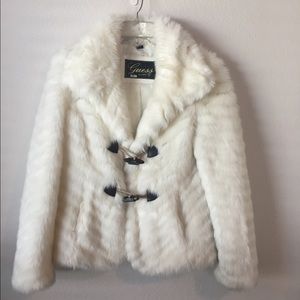 GUESS White Faux Rabbit Fur Coat / M